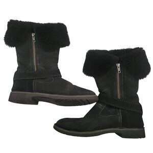 UGG Black Suede Mid-Calf Winter Boots With Faux Fur Trim & Side Zipper Womens 8.